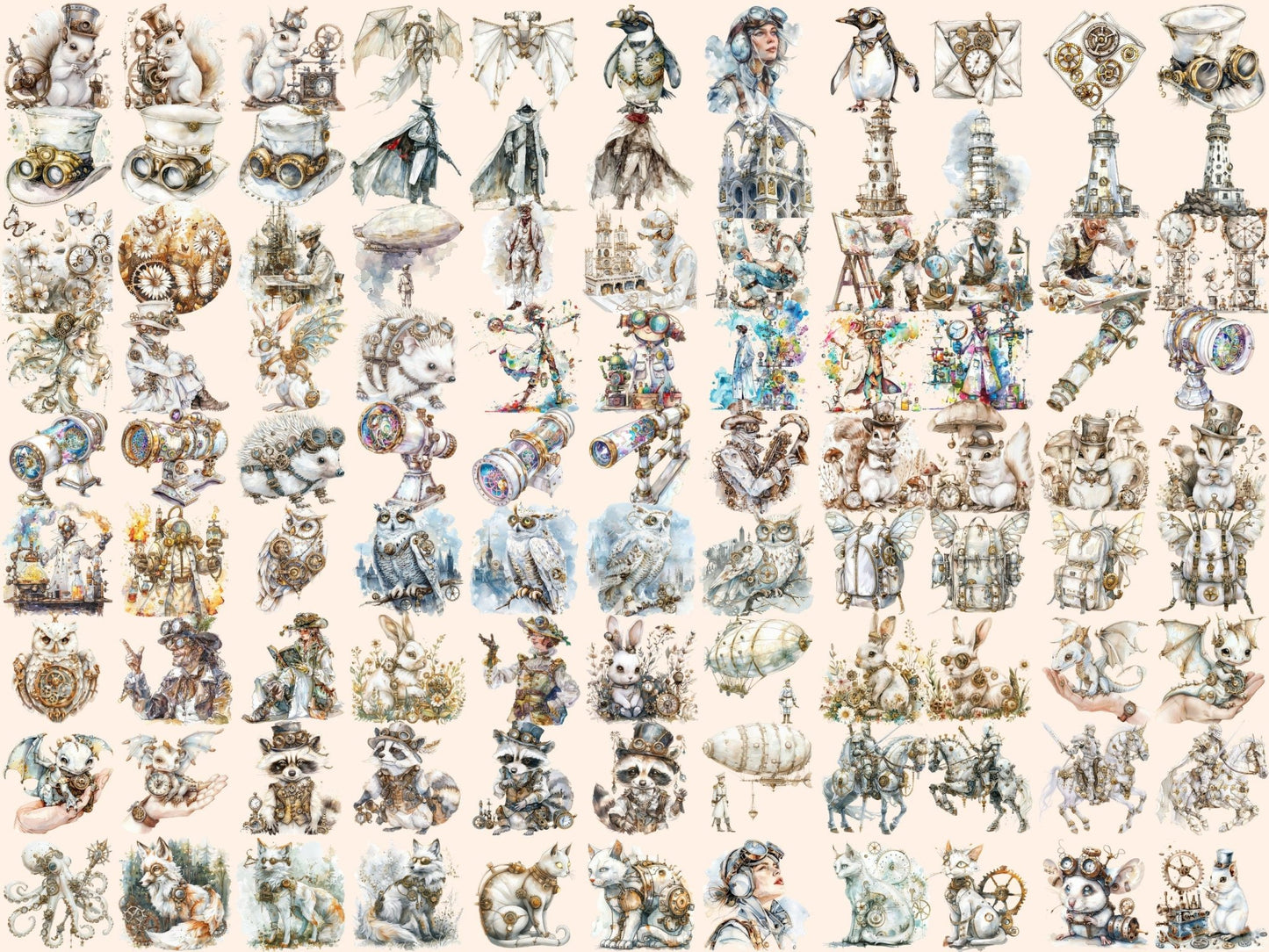 White Steampunk Watercolor Clipart - High - Quality Instant Digital Download for Creative Projects