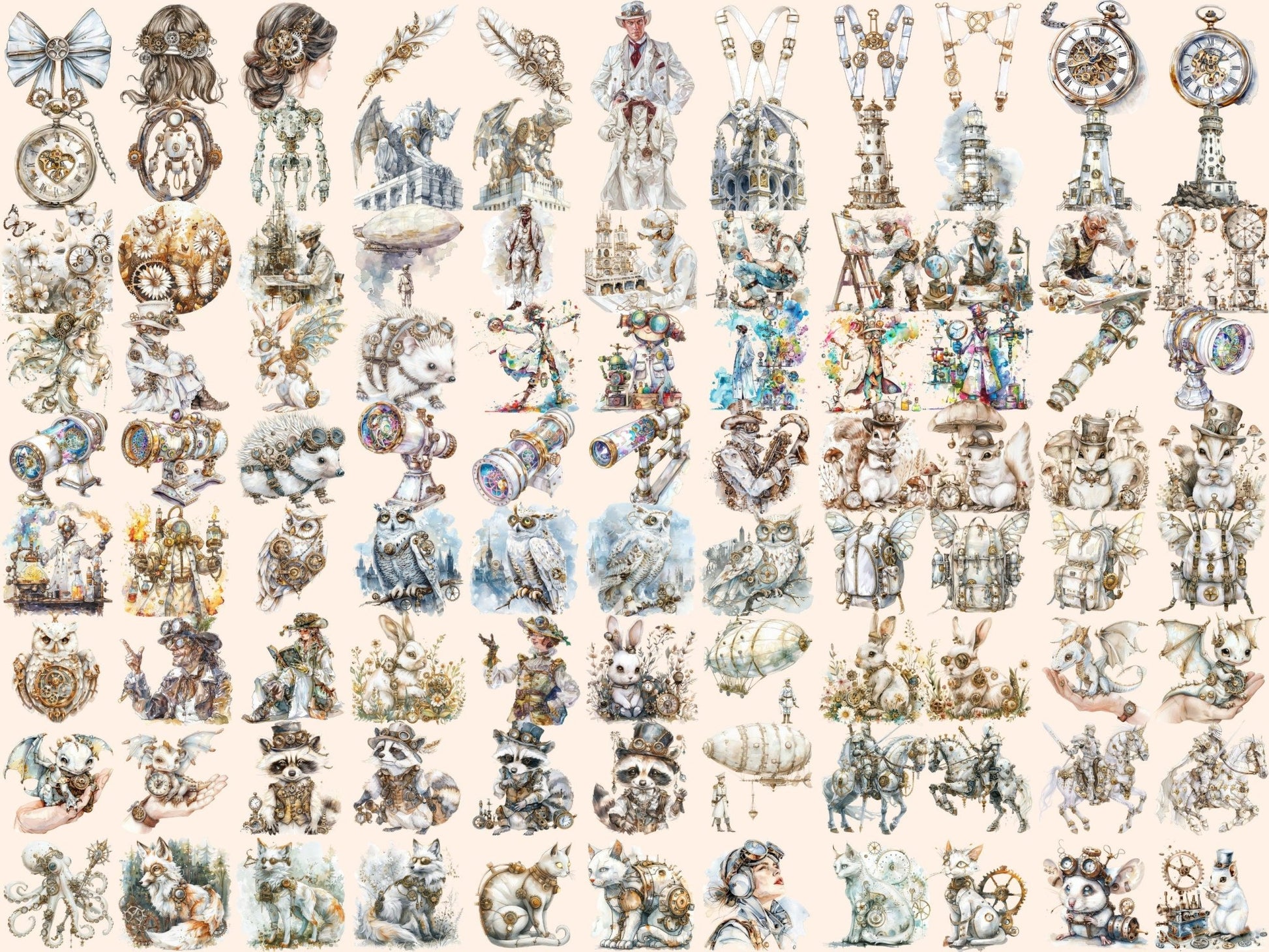 White Steampunk Watercolor Clipart - High - Quality Instant Digital Download for Creative Projects