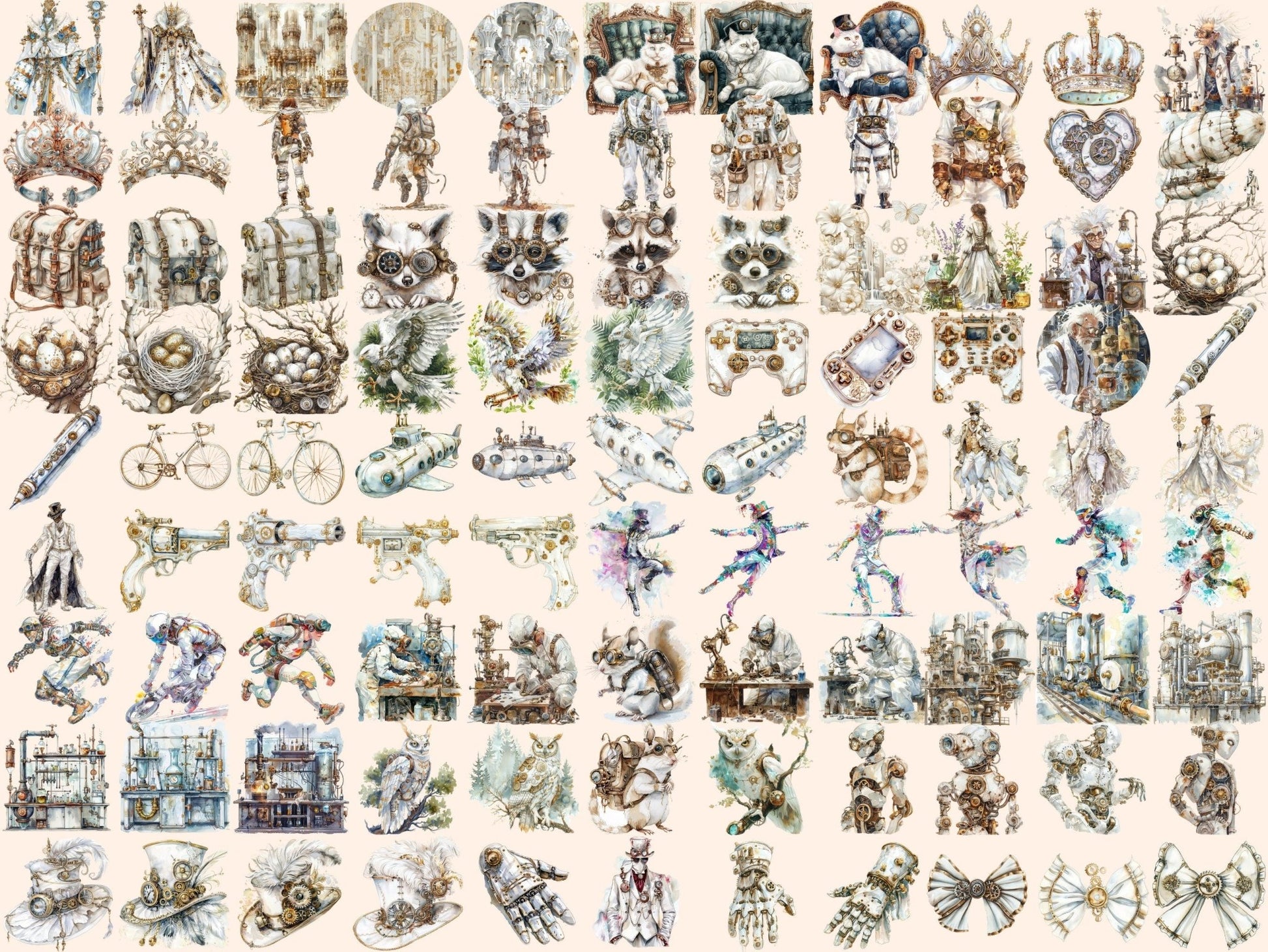 White Steampunk Watercolor Clipart - High - Quality Instant Digital Download for Creative Projects