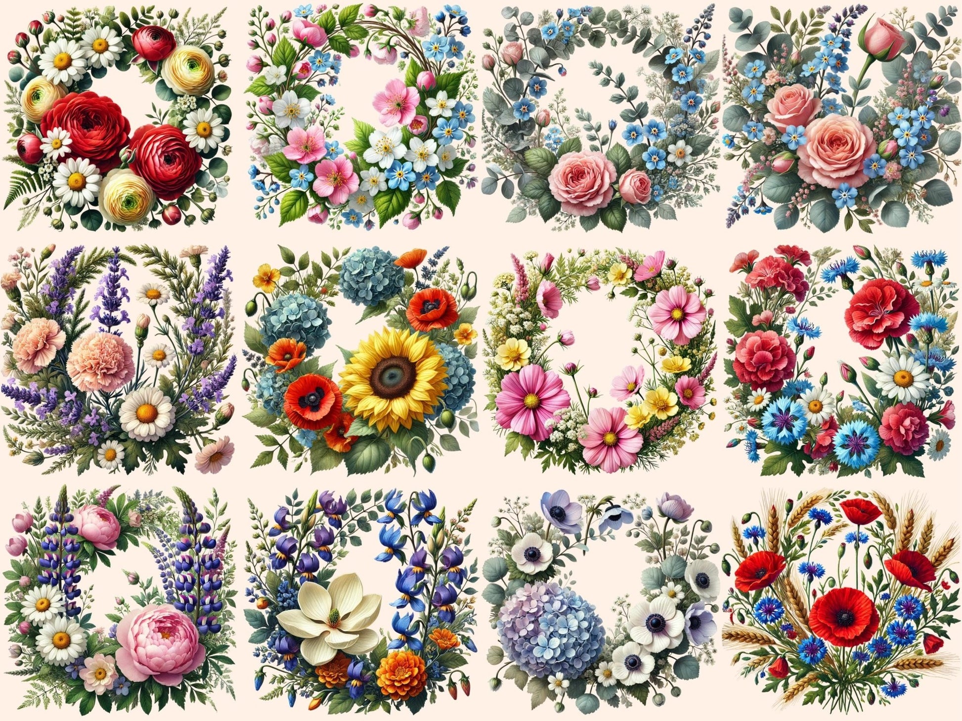 Wildflower Wreaths (P2) Clipart - High - Quality Instant Digital Download for Creative Projects