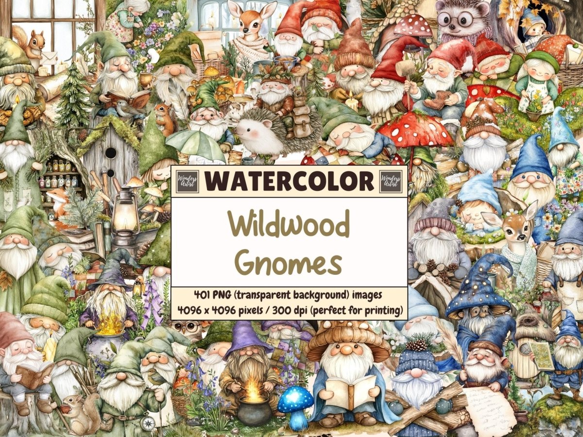 Wildwood Gnomes Watercolor Clipart cute gnome clipart fantasy gnome png forest gnome png - WondersArtist
