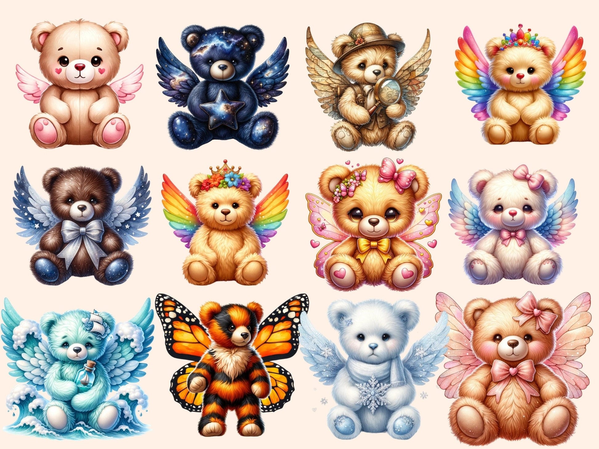 Winged Teddy Bears Clipart - High - Quality Instant Digital Download for Creative Projects