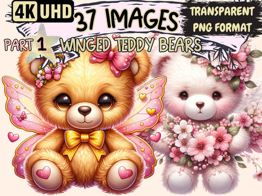 Winged Teddy Bears Clipart - High - Quality Instant Digital Download for Creative Projects