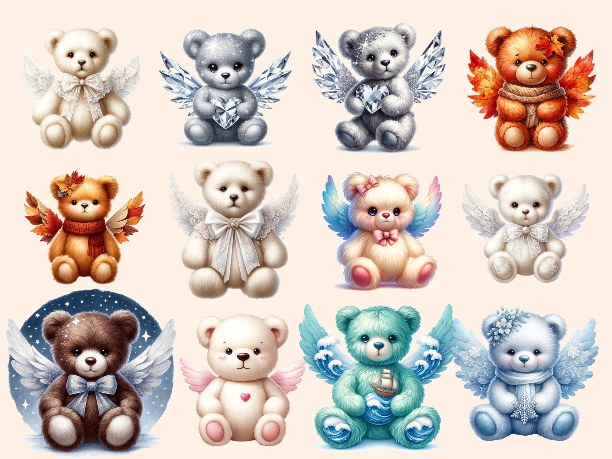 Winged Teddy Bears Clipart - High - Quality Instant Digital Download for Creative Projects