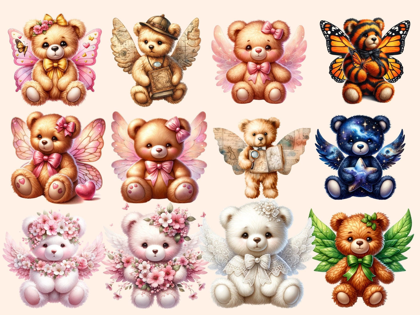 Winged Teddy Bears Clipart - High - Quality Instant Digital Download for Creative Projects