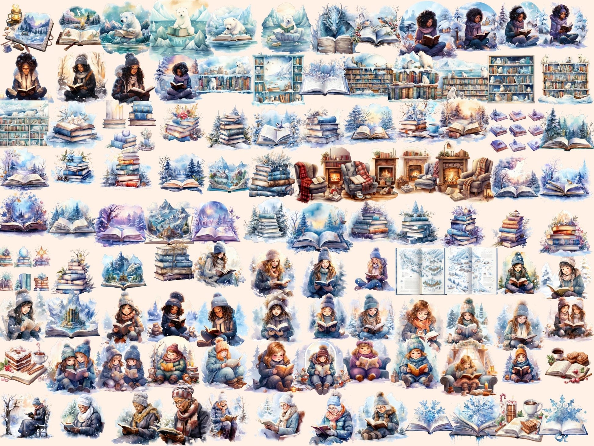 Winter Books Watercolor Clipart - High - Quality Instant Digital Download for Creative Projects