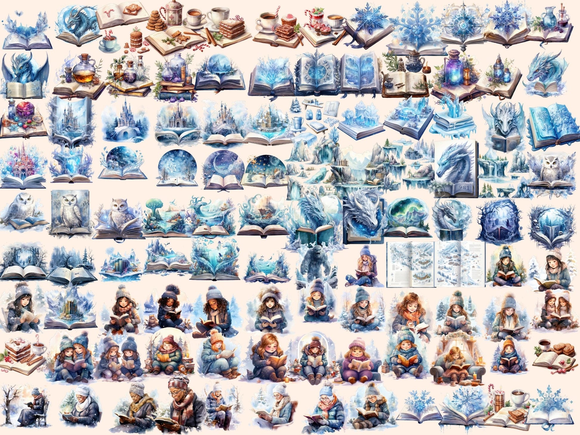 Winter Books Watercolor Clipart - High - Quality Instant Digital Download for Creative Projects