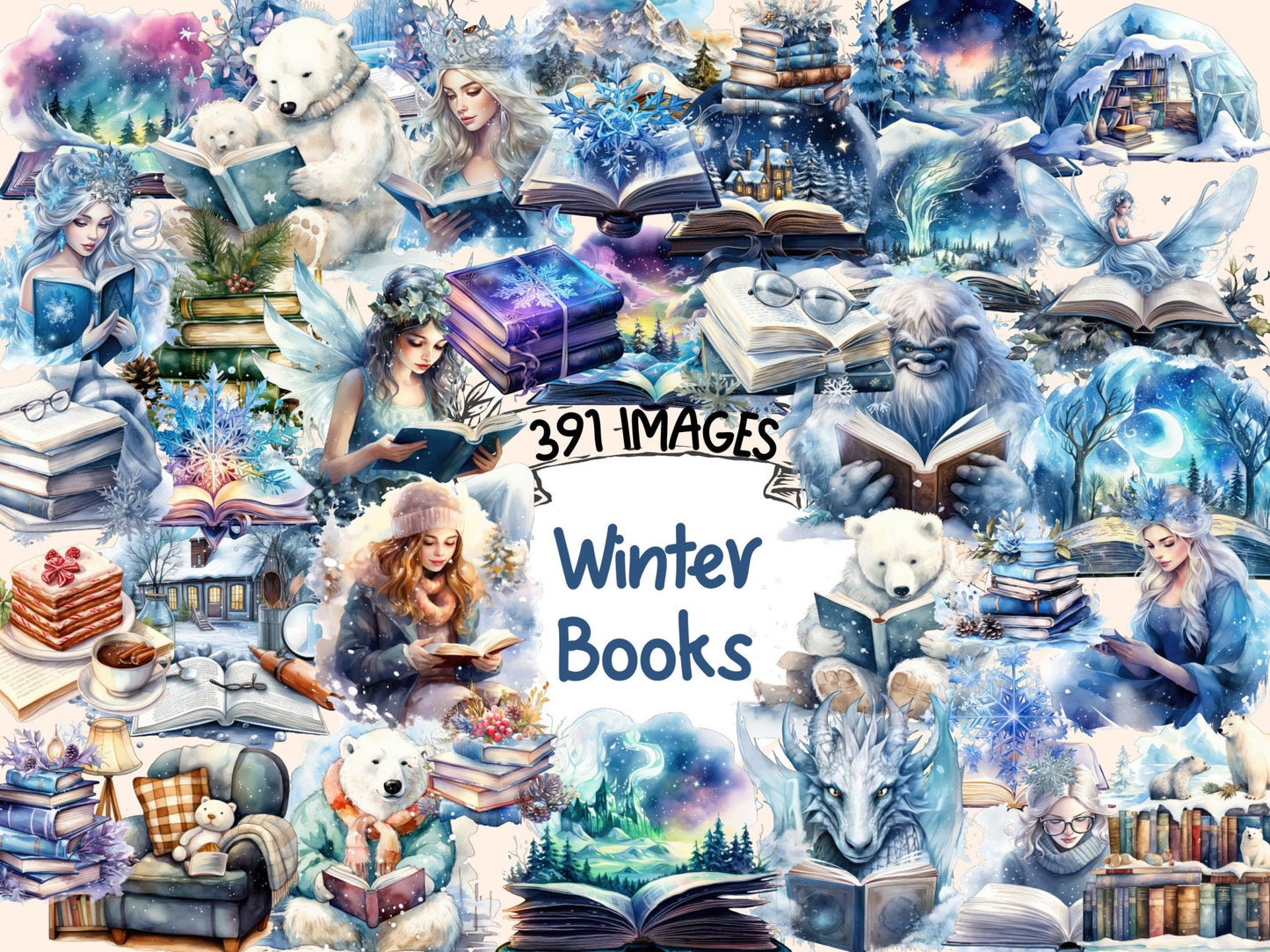 Winter Books Watercolor Clipart - High - Quality Instant Digital Download for Creative Projects