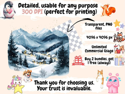 Winter Countryside Watercolor Clipart cozy winter png - Wonders Artist