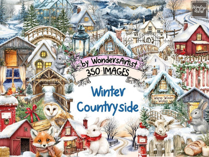 Winter Countryside Watercolor Clipart cozy winter png - Wonders Artist