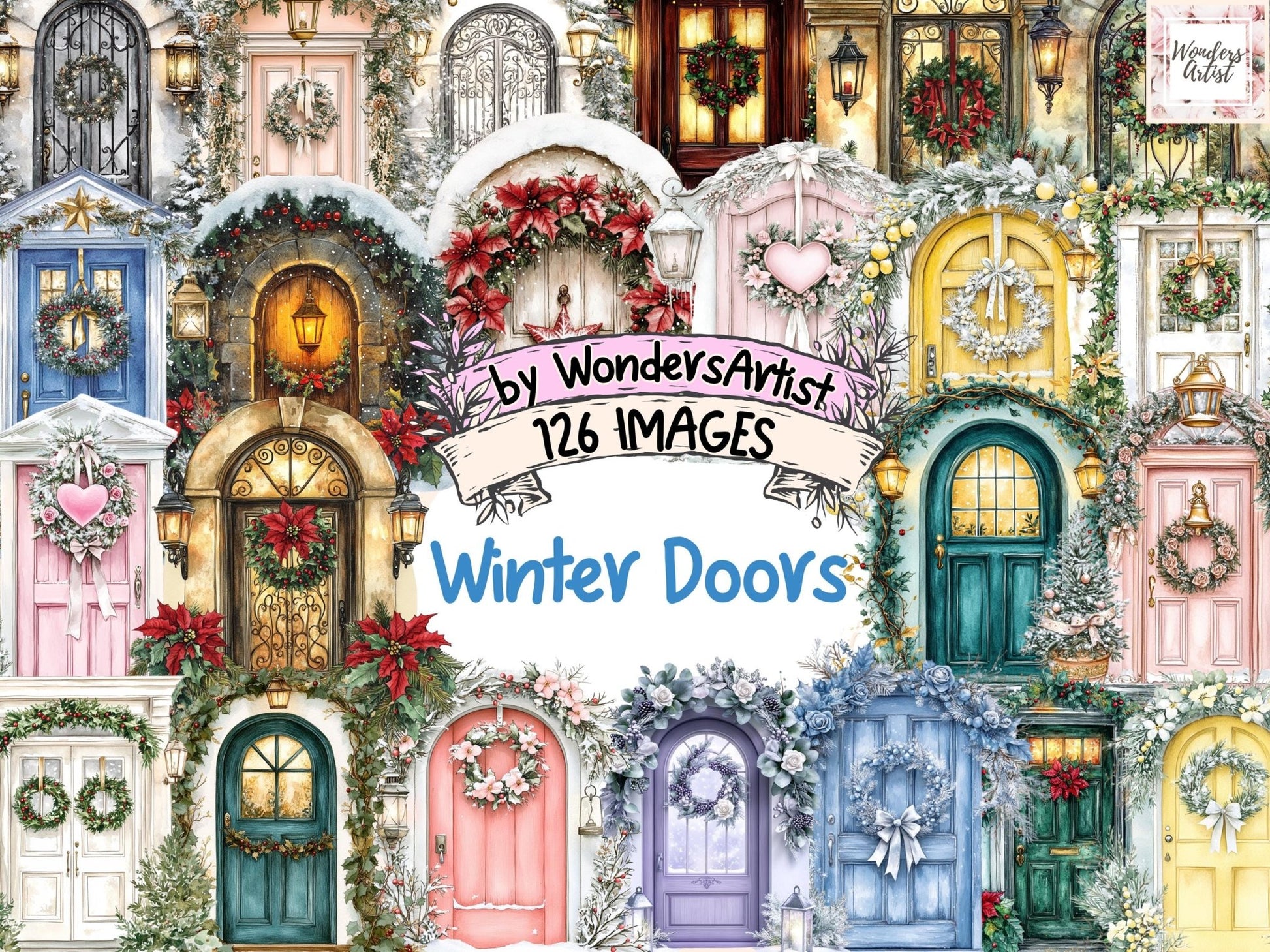 Winter Doors Watercolor Clipart Bundle - High - Quality Instant Digital Download for Creative Projects