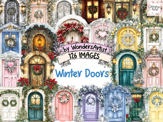 Winter Doors Watercolor Clipart Bundle - High - Quality Instant Digital Download for Creative Projects