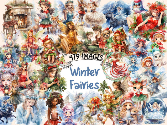 Winter Fairies Watercolor Clipart - High - Quality Instant Digital Download for Creative Projects