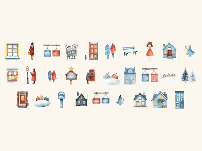 Winter Village Watercolor Clipart All Bundles Clipart Line Art - WondersArtist