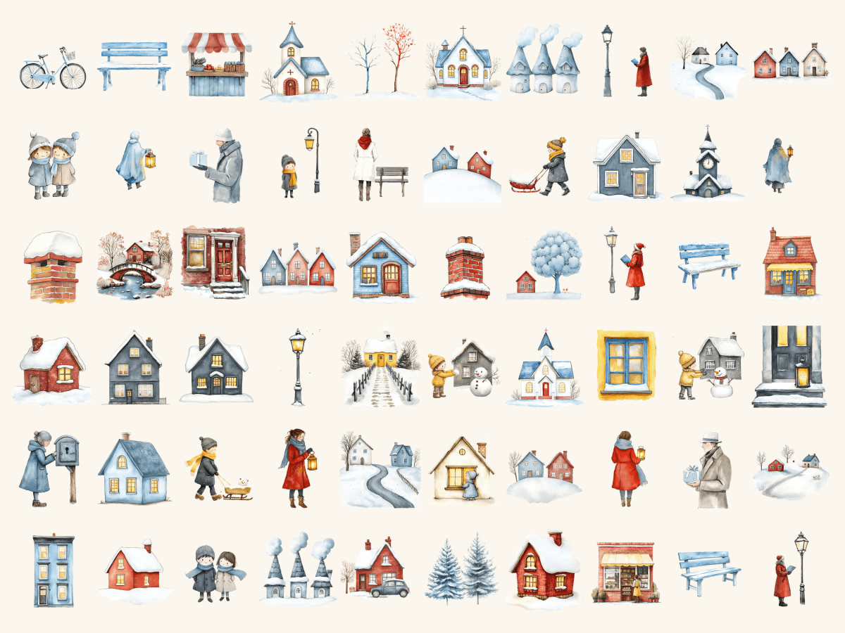 Winter Village Watercolor Clipart All Bundles Clipart Line Art - WondersArtist
