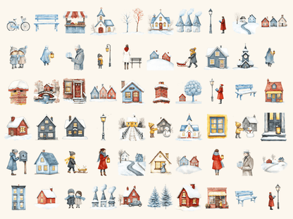Winter Village Watercolor Clipart All Bundles Clipart Line Art - WondersArtist