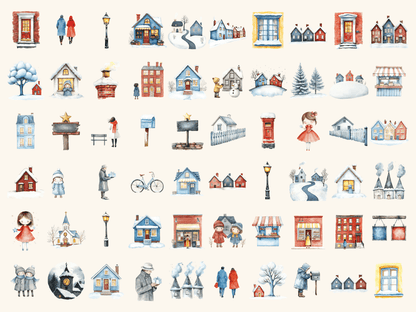 Winter Village Watercolor Clipart All Bundles Clipart Line Art - WondersArtist