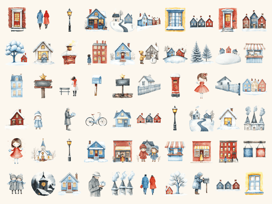 Winter Village Watercolor Clipart