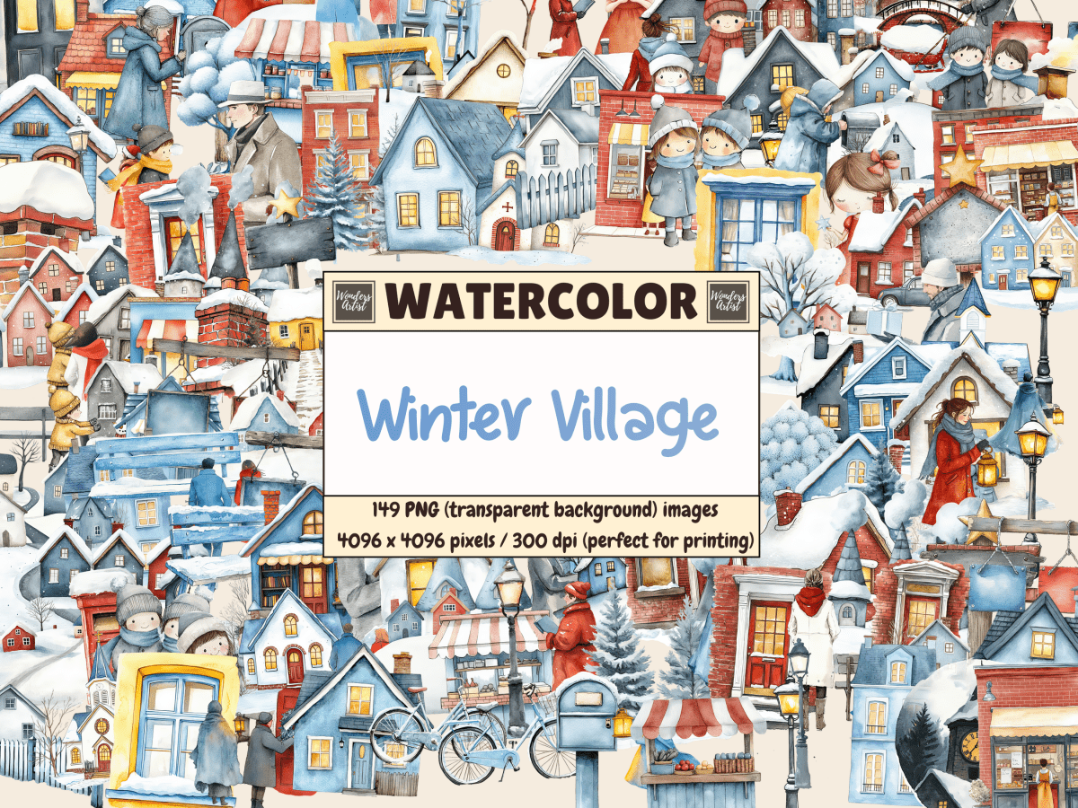 Winter Village Watercolor Clipart All Bundles Clipart Line Art - WondersArtist