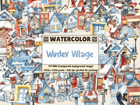 Winter Village Watercolor Clipart All Bundles Clipart Line Art - WondersArtist