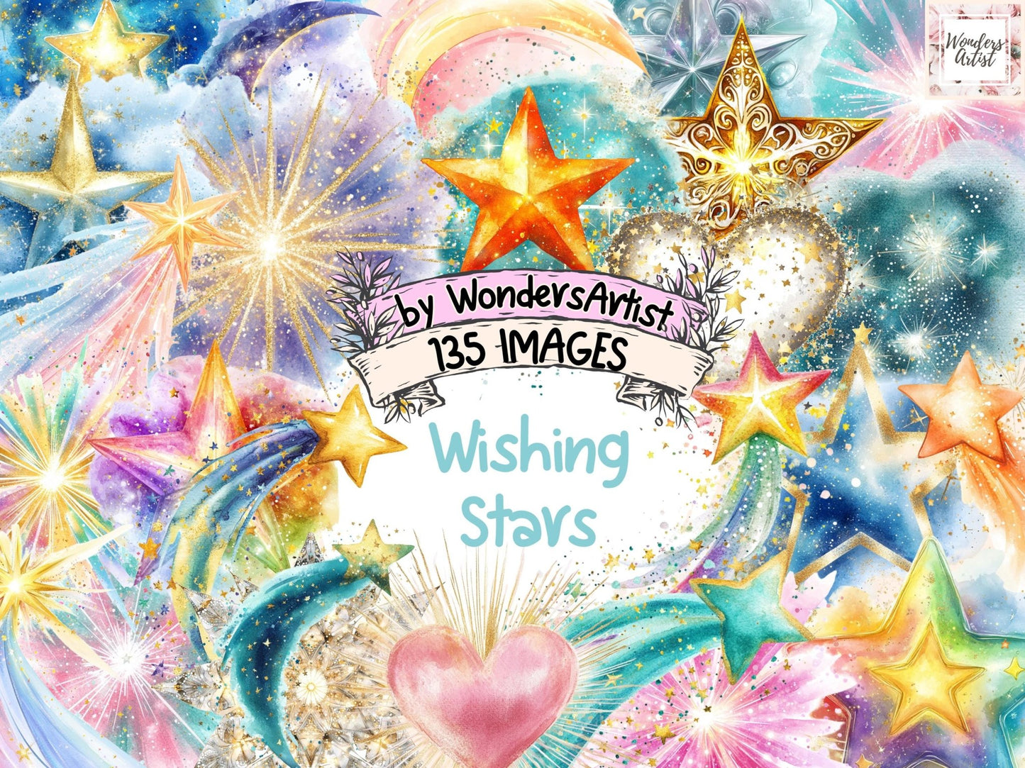 Wishing Stars Watercolor Clipart Bundle - High - Quality Instant Digital Download for Creative Projects