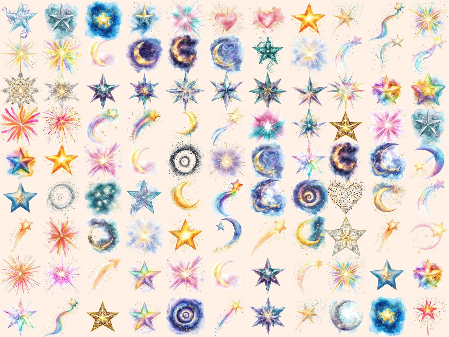 Wishing Stars Watercolor Clipart Bundle - High - Quality Instant Digital Download for Creative Projects