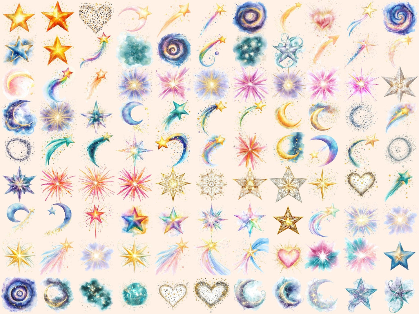 Wishing Stars Watercolor Clipart Bundle - High - Quality Instant Digital Download for Creative Projects