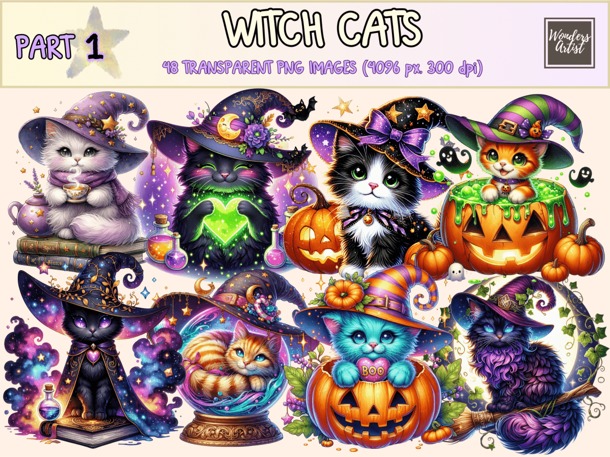 Witch Cats Clipart autopost cat digital art cat graphics - WondersArtist