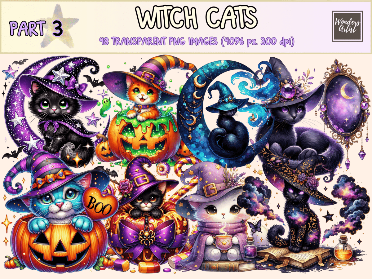 Witch Cats (P3) Clipart autopost cat digital art cat graphics - WondersArtist