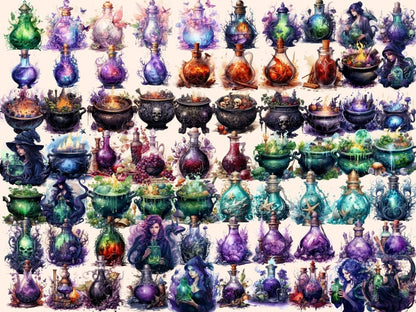 Witch Potions Watercolor Clipart - High - Quality Instant Digital Download for Creative Projects