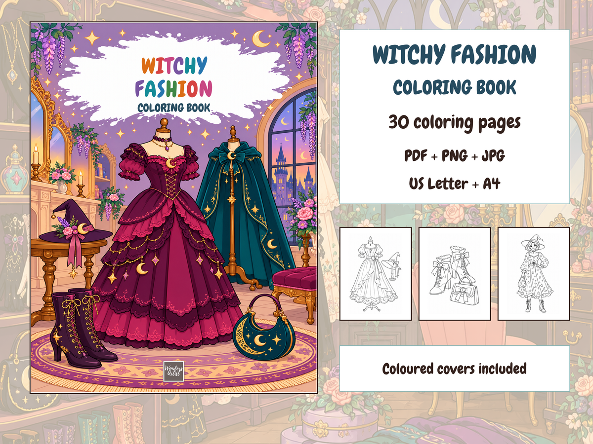 Witchy Fashion Coloring Book — complete digital bundle