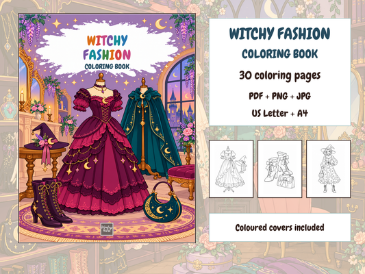 Witchy Fashion Coloring Book — complete digital bundle