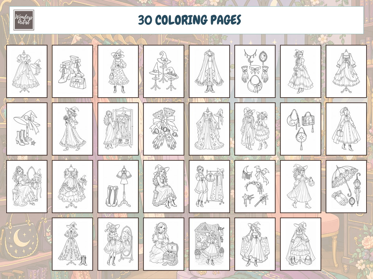 Witchy Fashion Coloring Book — all 30 coloring pages