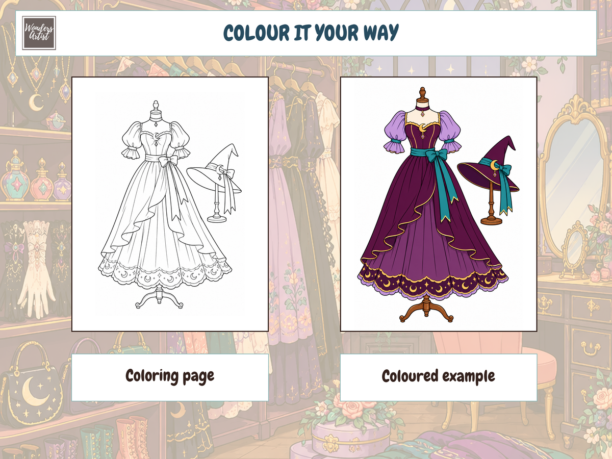 Witchy Fashion Coloring Book — coloring page and example