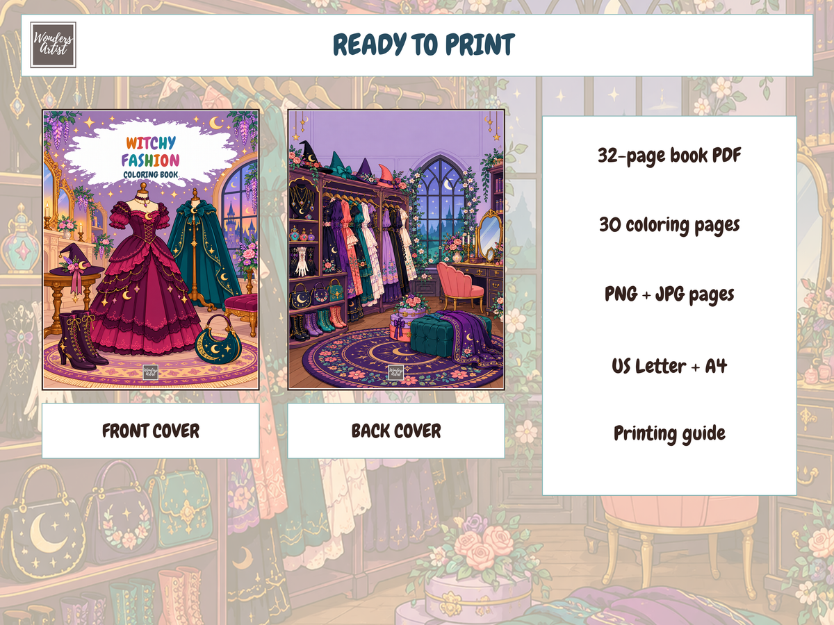 Witchy Fashion Coloring Book — whats included