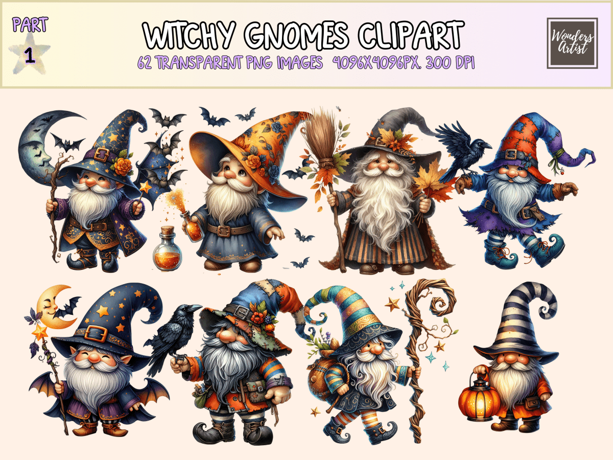 Witchy Gnomes Clipart All Bundles Clipart Line Art - WondersArtist