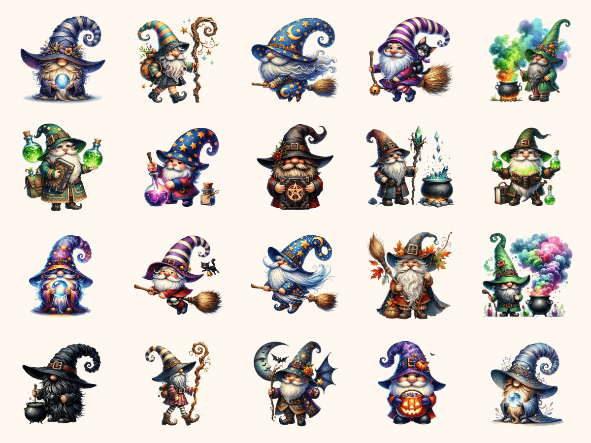 Witchy Gnomes Clipart All Bundles Clipart Line Art - WondersArtist