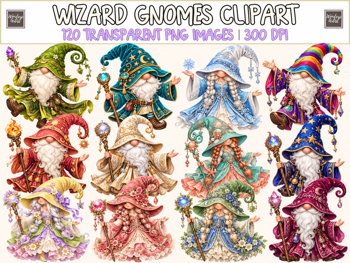 Wizard Gnomes Clipart — colorful wizard collection with featured green wizard