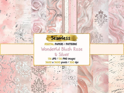 Wonderful Blush Rose & Silver Seamless Digital Paper Blush Floral Pattern - Wonders Artist