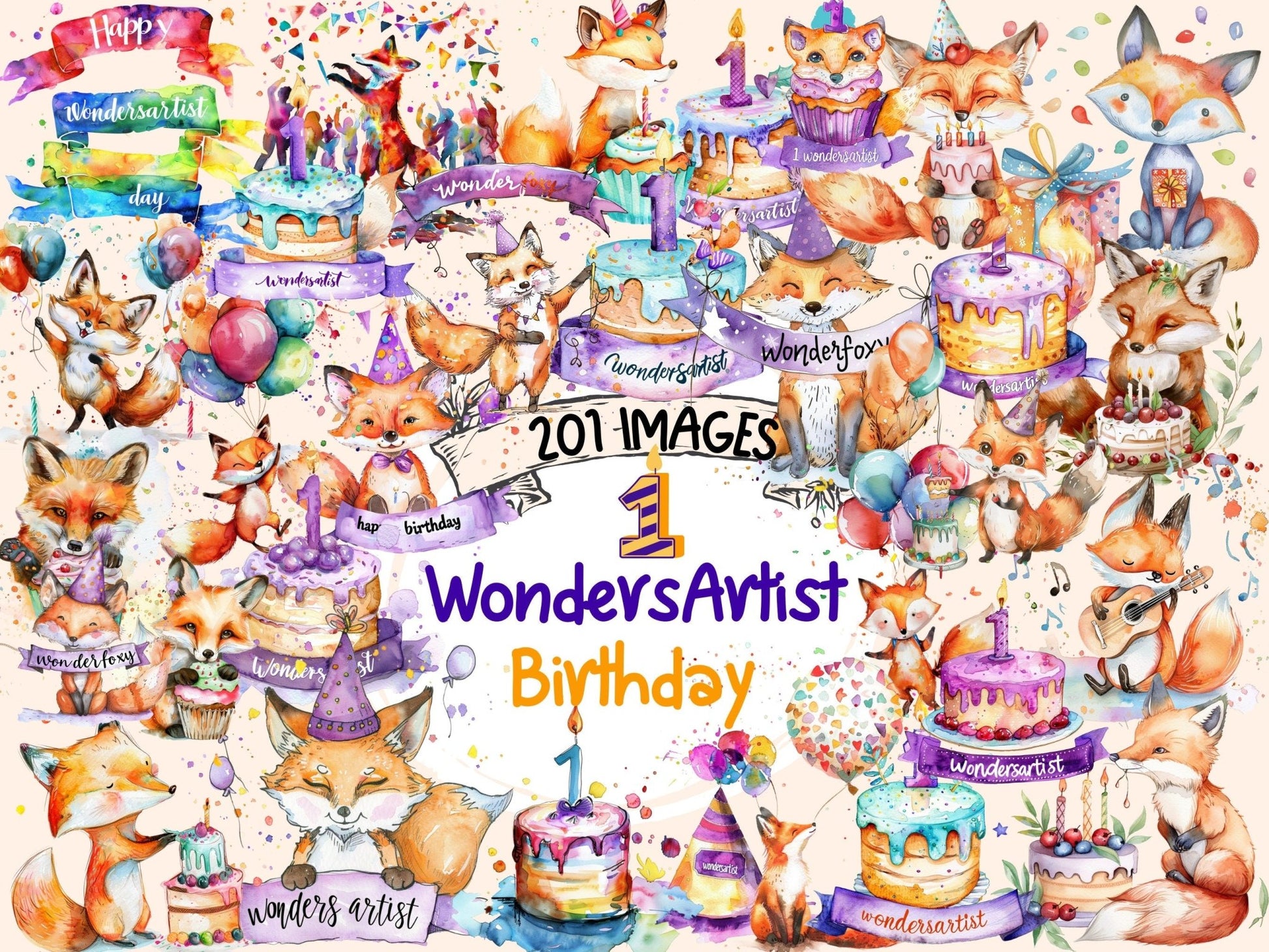 WondersArtist 1st Birthday Watercolor Clipart - High - Quality Instant Digital Download for Creative Projects