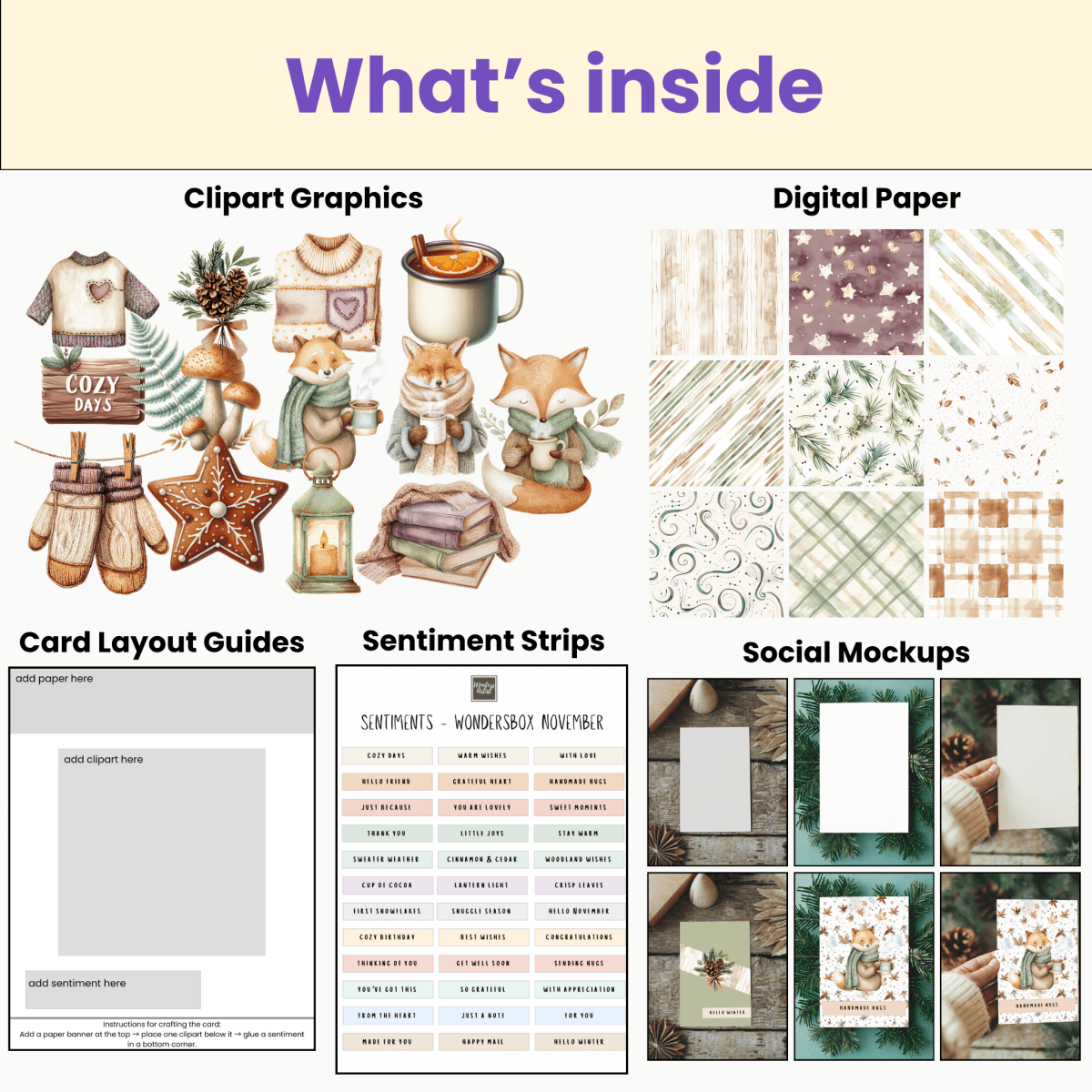 WondersBox November - Sweater Weather Woodland a4 canva template cardmaking kit - WondersArtist