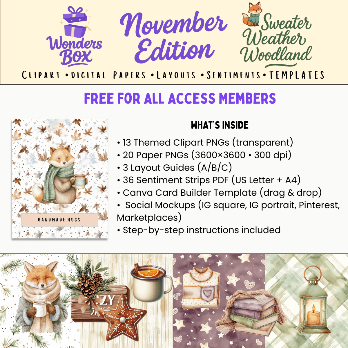 WondersBox November - Sweater Weather Woodland a4 canva template cardmaking kit - WondersArtist