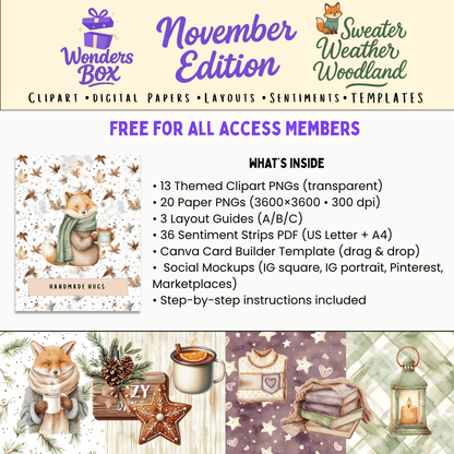 WondersBox November - Sweater Weather Woodland a4 canva template cardmaking kit - WondersArtist