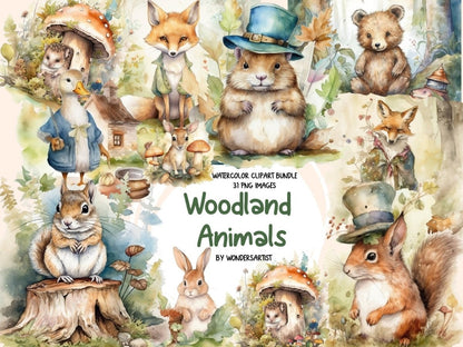Woodland Animals Watercolor Clipart adorable animals - Wonders Artist