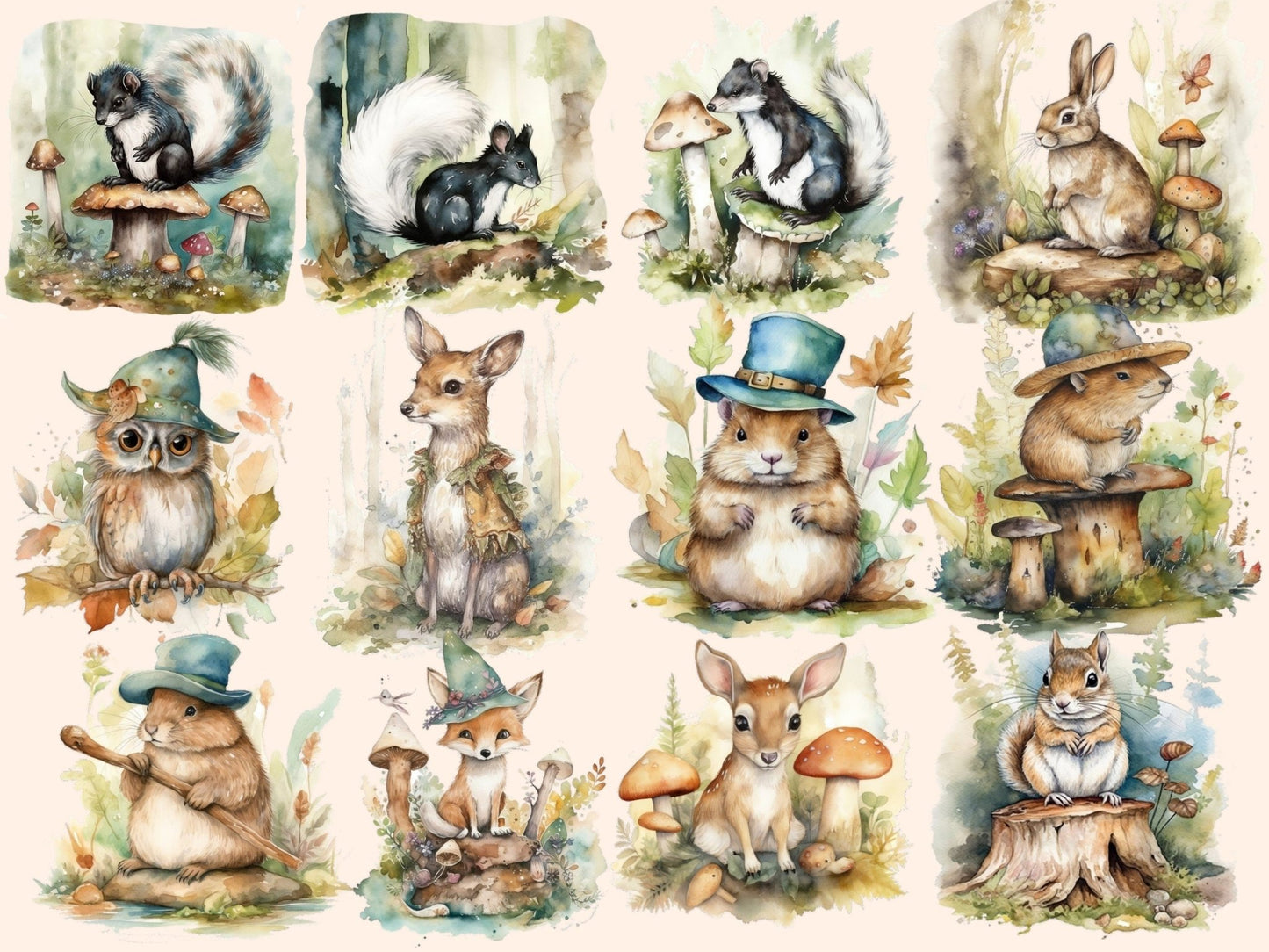 Woodland Animals Watercolor Clipart - High - Quality Instant Digital Download for Creative Projects