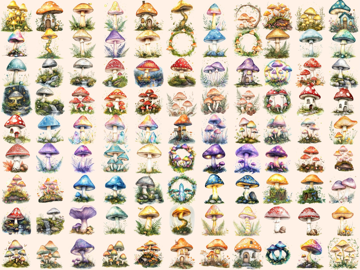 Woodland Mushrooms Watercolor Clipart Bundle - High - Quality Instant Digital Download for Creative Projects