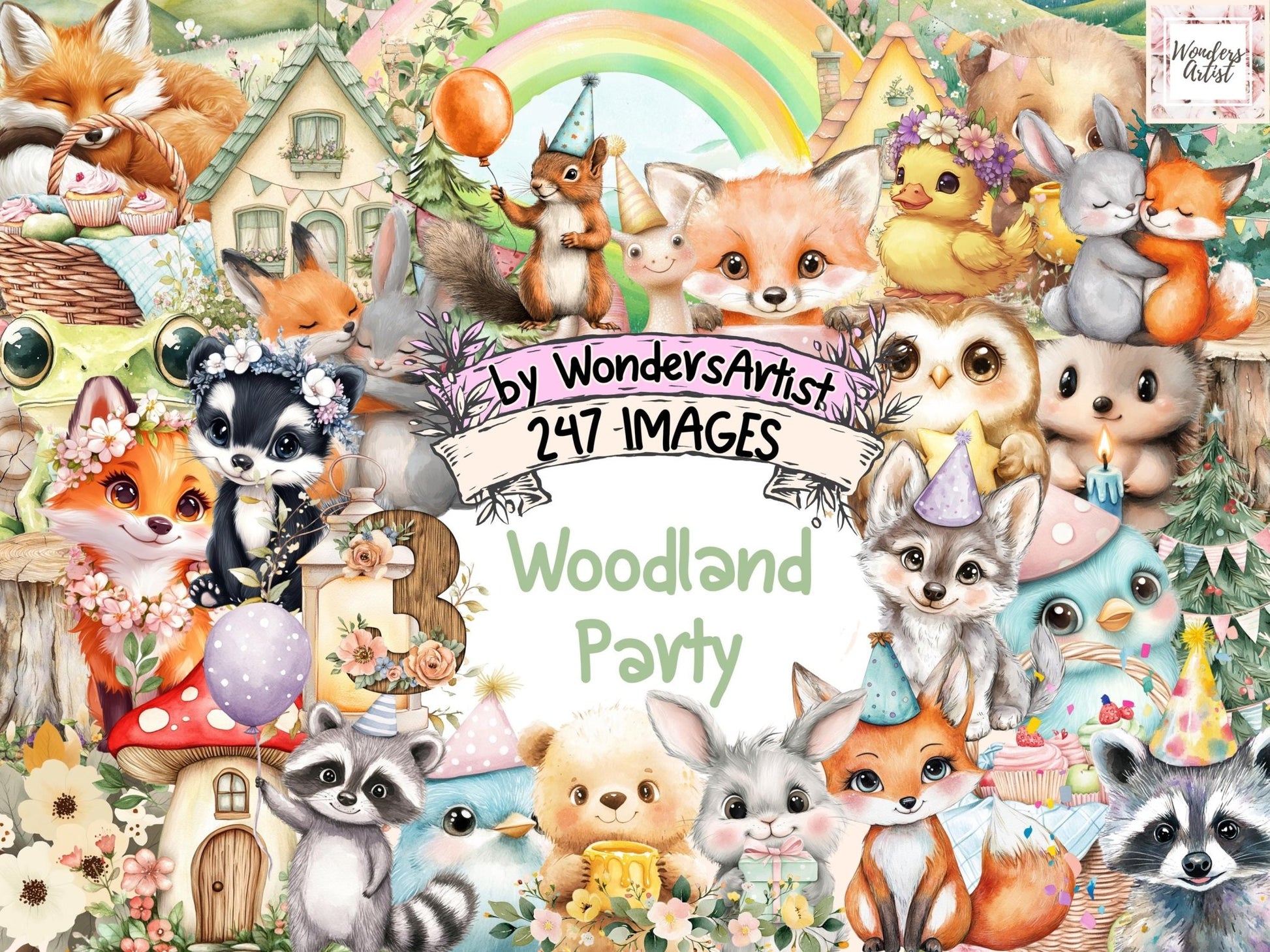 Woodland Party Watercolor Clipart Bundle - High - Quality Instant Digital Download for Creative Projects