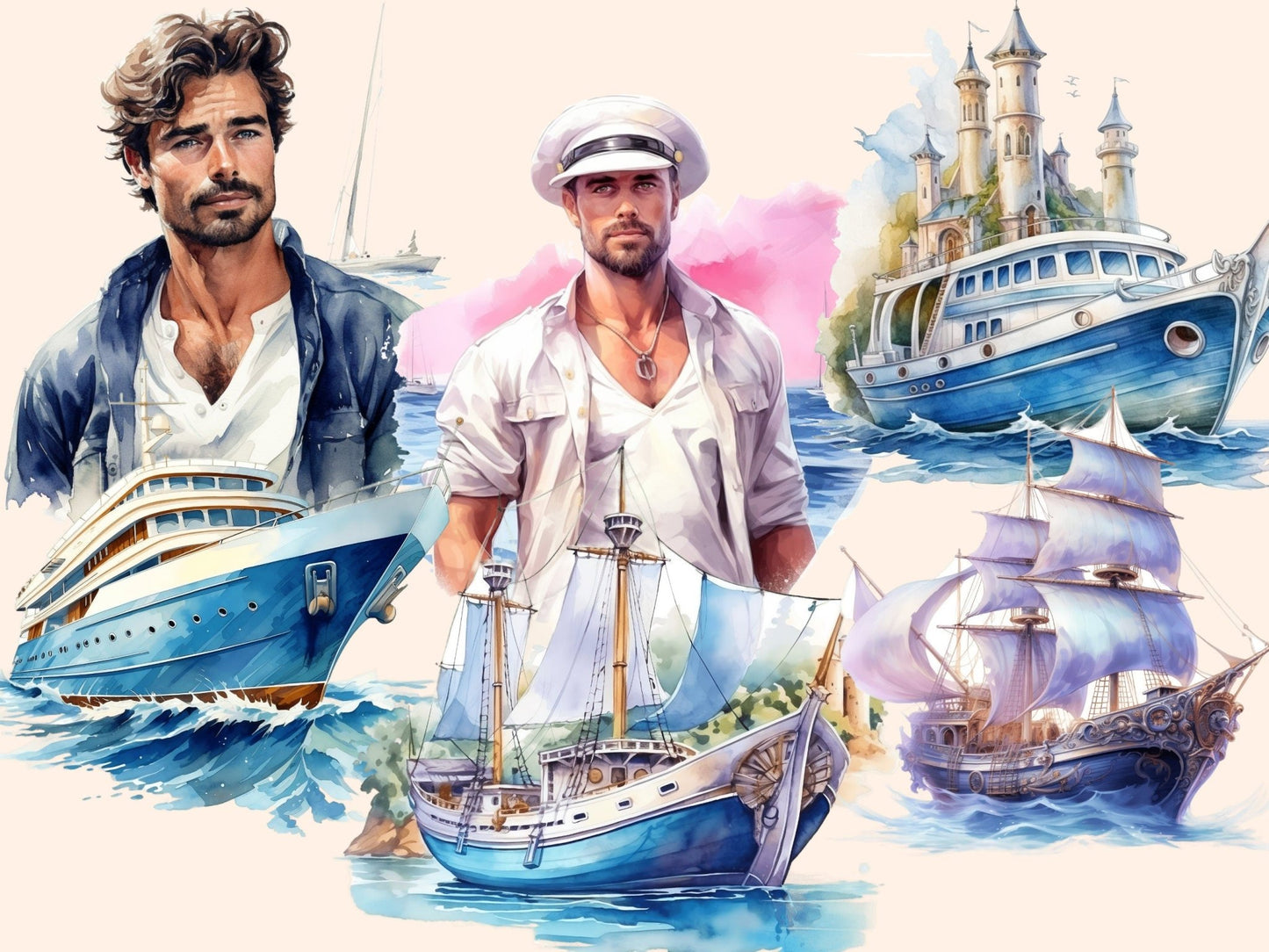 Yachts Watercolor Clipart - High - Quality Instant Digital Download for Creative Projects