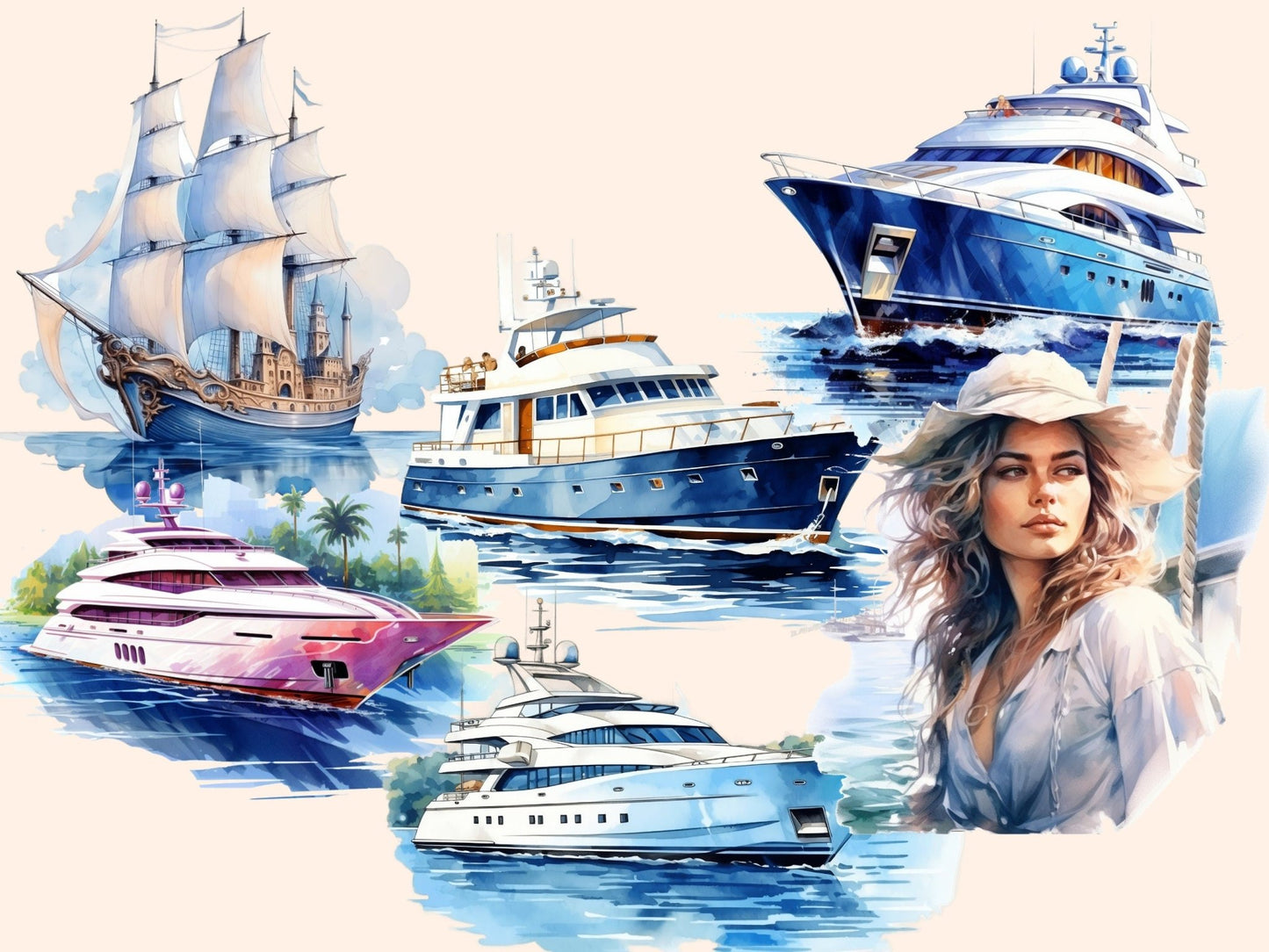 Yachts Watercolor Clipart - High - Quality Instant Digital Download for Creative Projects