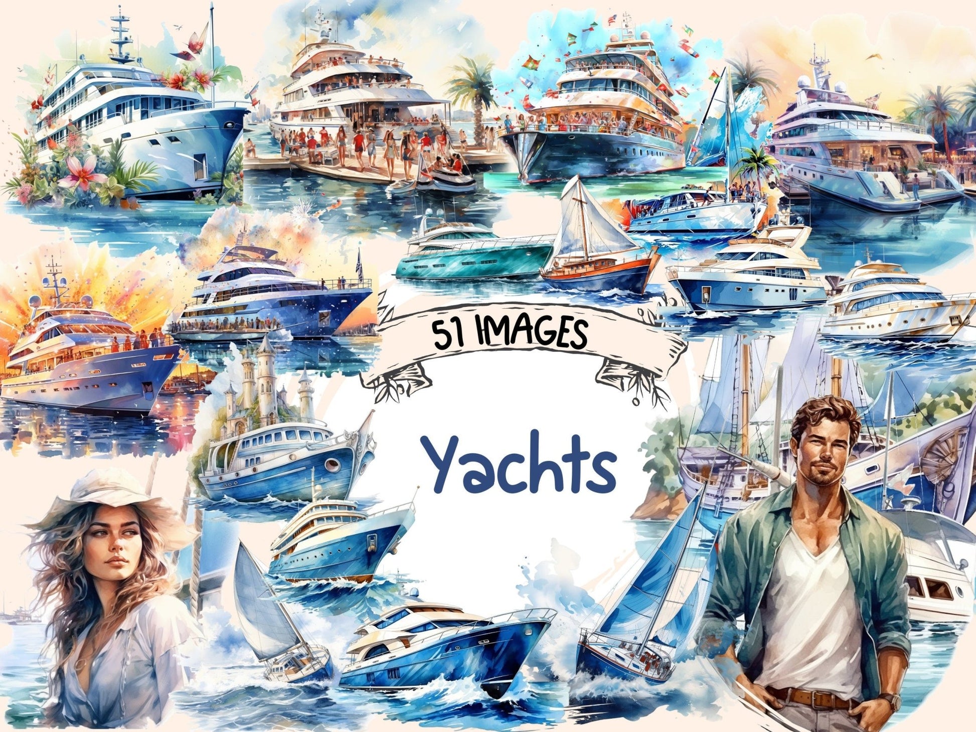 Yachts Watercolor Clipart - High - Quality Instant Digital Download for Creative Projects